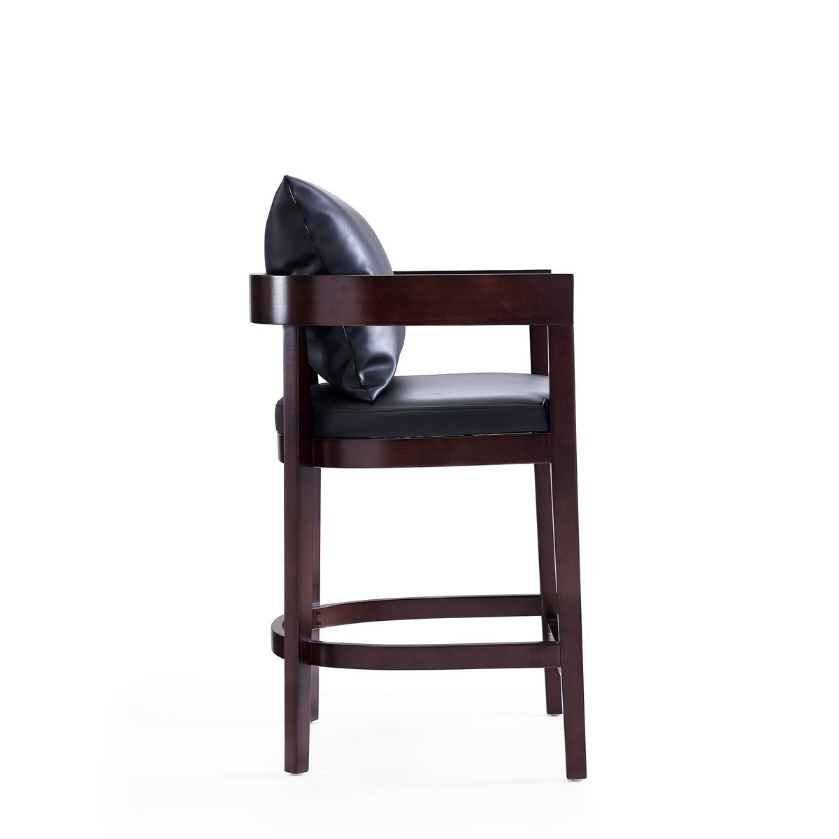 Mid-Century counter stool with black upholstered seat and back, dark wood frame, 24–27 on Tampa Home & Garden Store