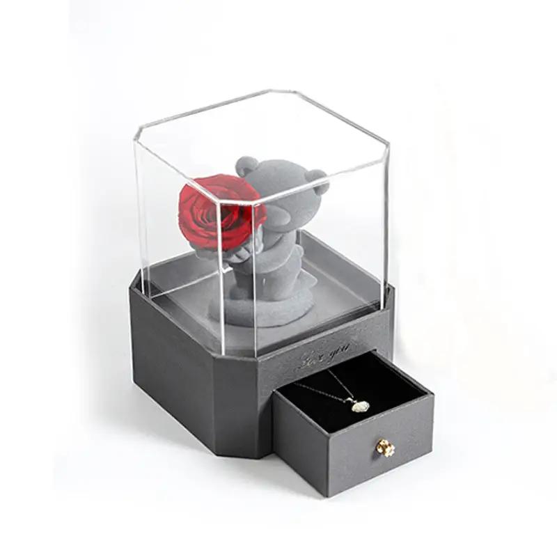 Flocking Bear Gift Box gray bear with red rose in clear dome; necklace and ring on Tampa Home & Garden Store