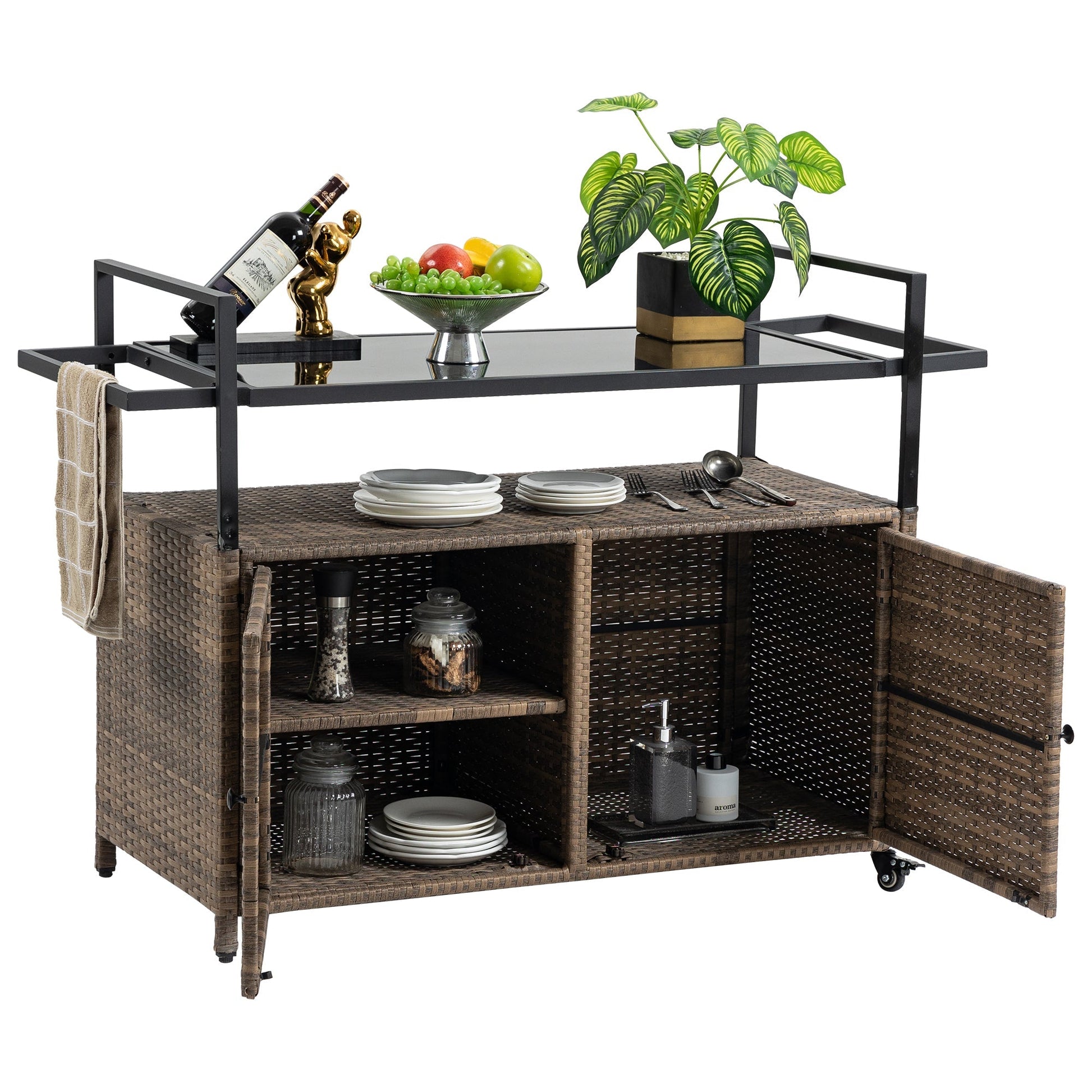 Outdoor Wicker Bar Cart with Glass Top and Wheels, two-tier design by HouseOfZazla on Tampa Home & Garden Store