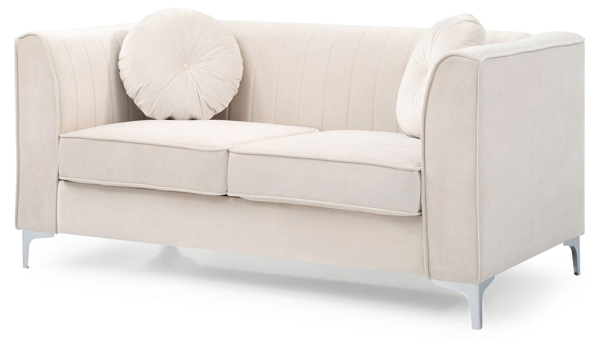 Glam micro suede loveseat with channel quilting, beige upholstery and round tufted pillow on Tampa Home & Garden Store