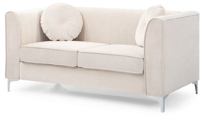 Glam micro suede loveseat with channel quilting, beige upholstery and round tufted pillow on Tampa Home & Garden Store
