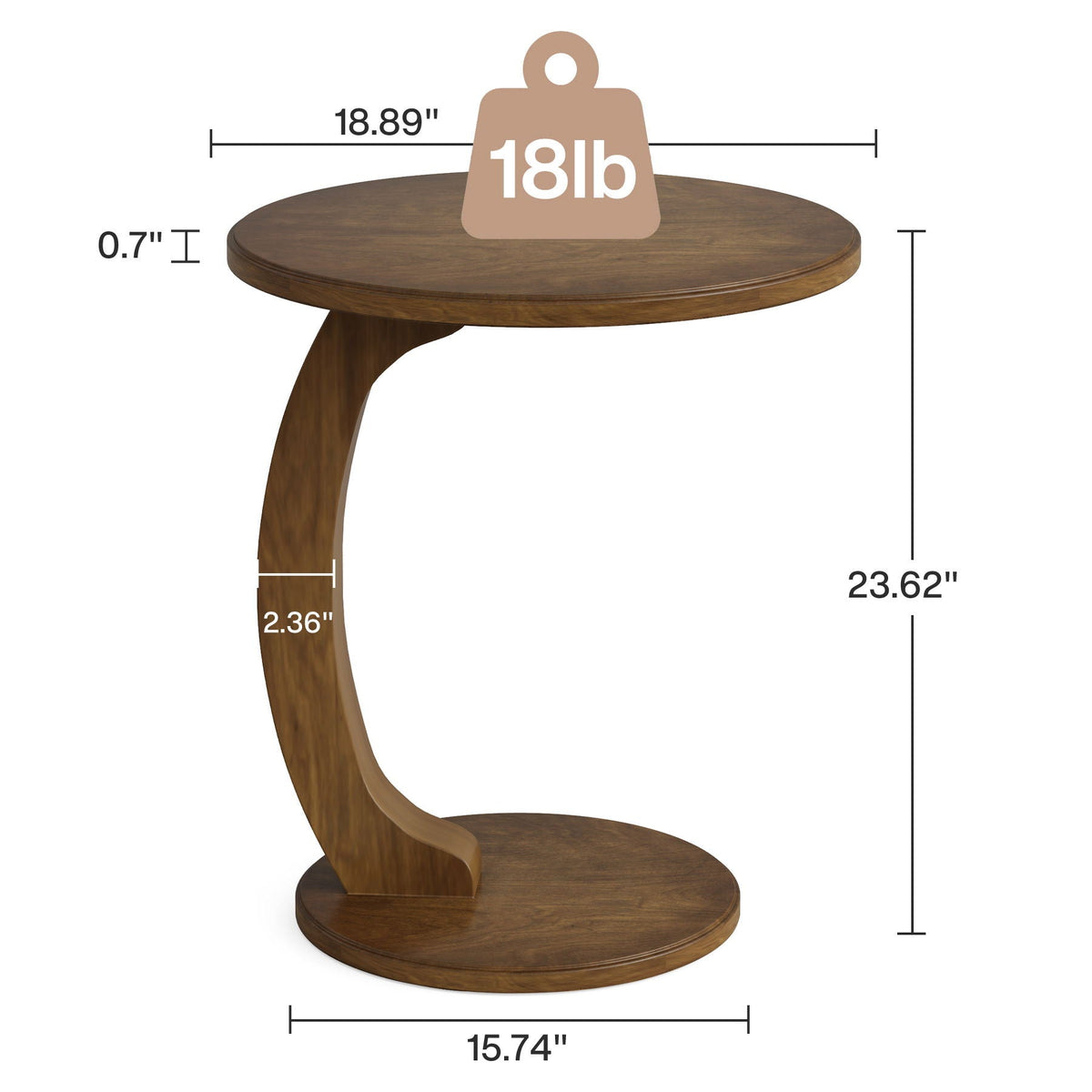 C-Shaped Round End Table brown wood finish by HouseOfZazla, compact chair side table on Tampa Home & Garden Store