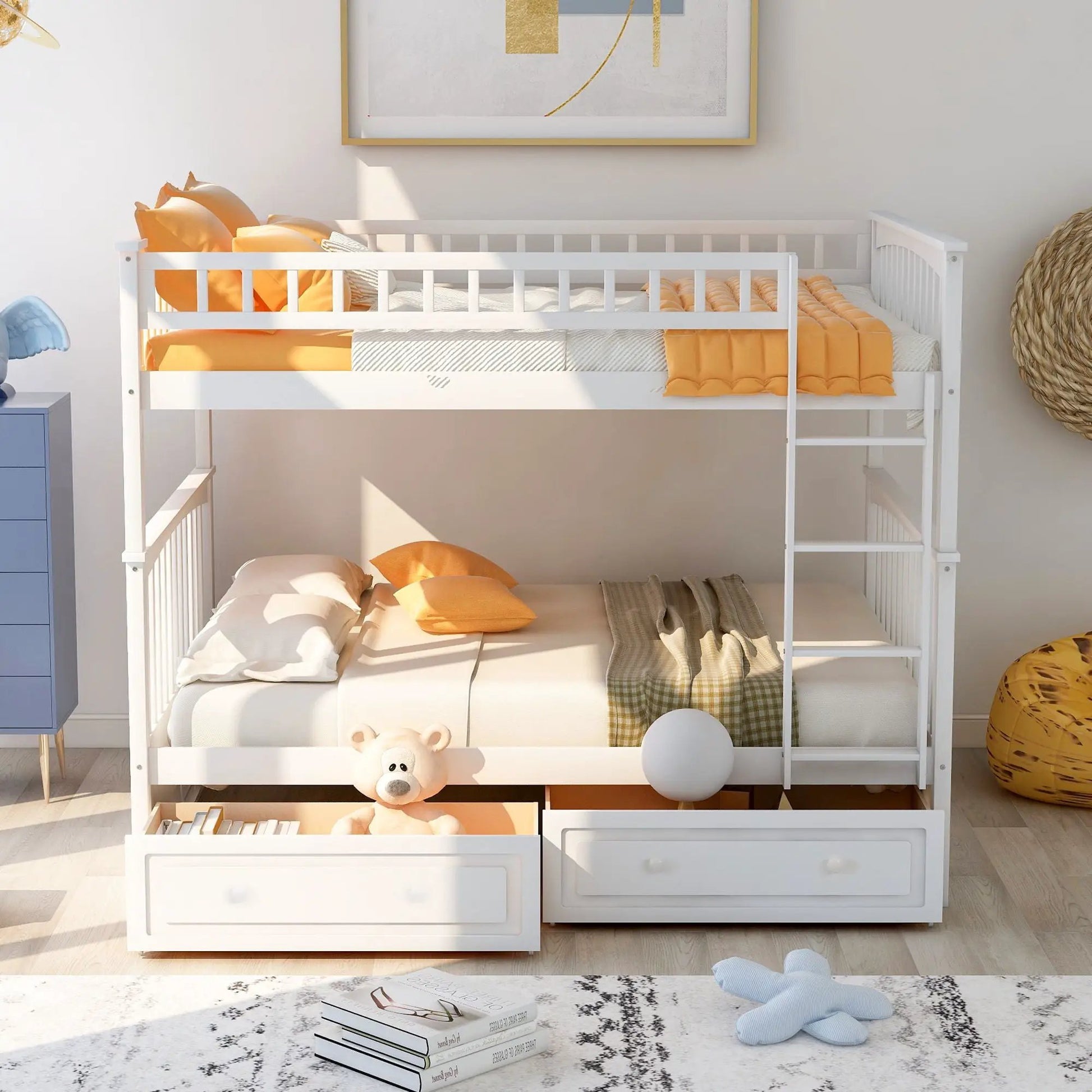 White bunk bed with drawers by Unique Piece Furniture, convertible design, orange bedding on Tampa Home & Garden Store