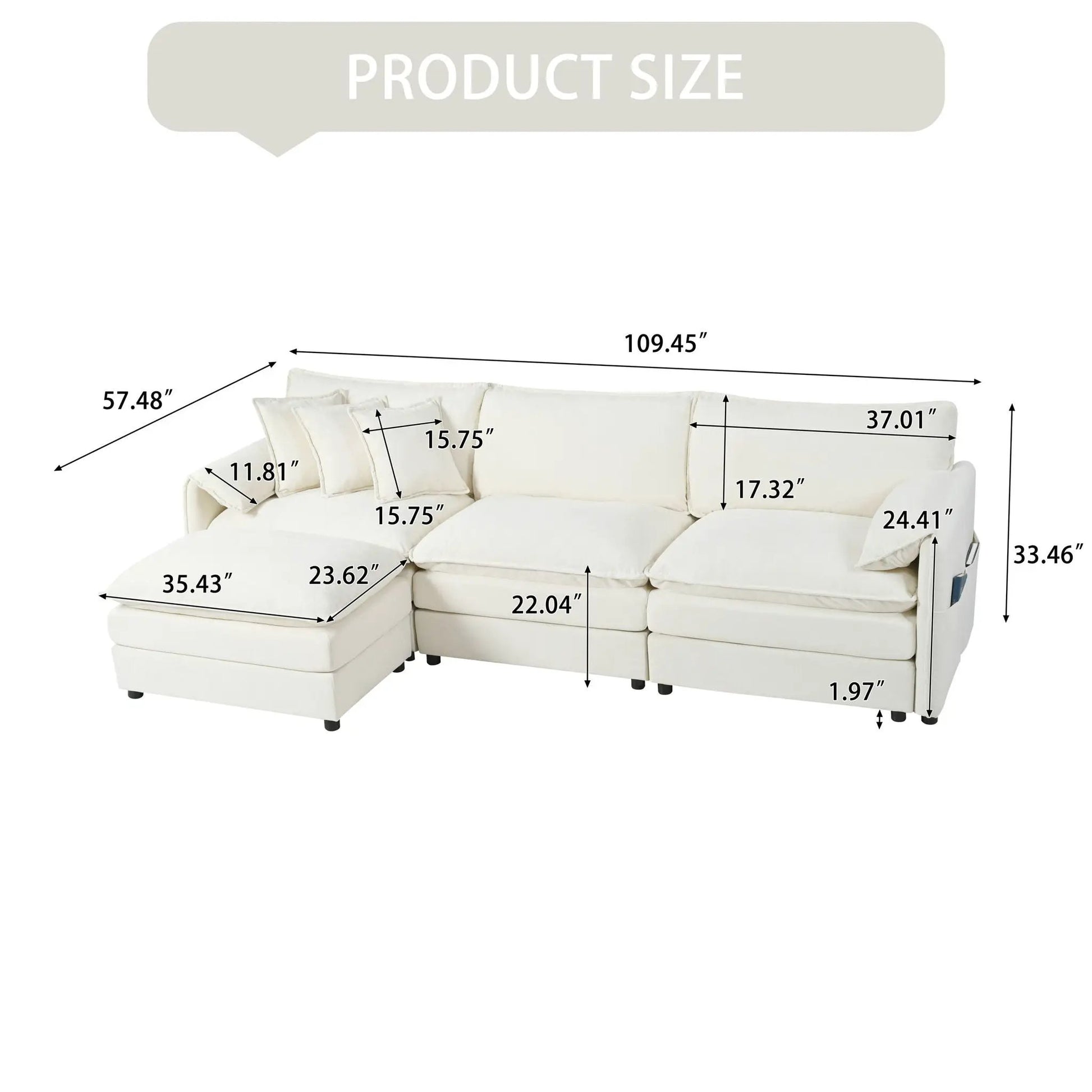 Modular sectional sofa with ottoman cream-beige fabric, deep-seat cushions, stationary by Unique Piece Furniture on Tampa Home & Garden Store