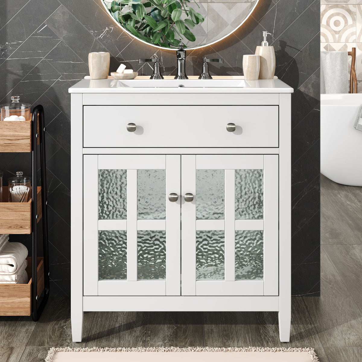 Bathroom vanity with ceramic sink, white finish, chrome faucet & glass-front cabinet doors on Tampa Home & Garden Store