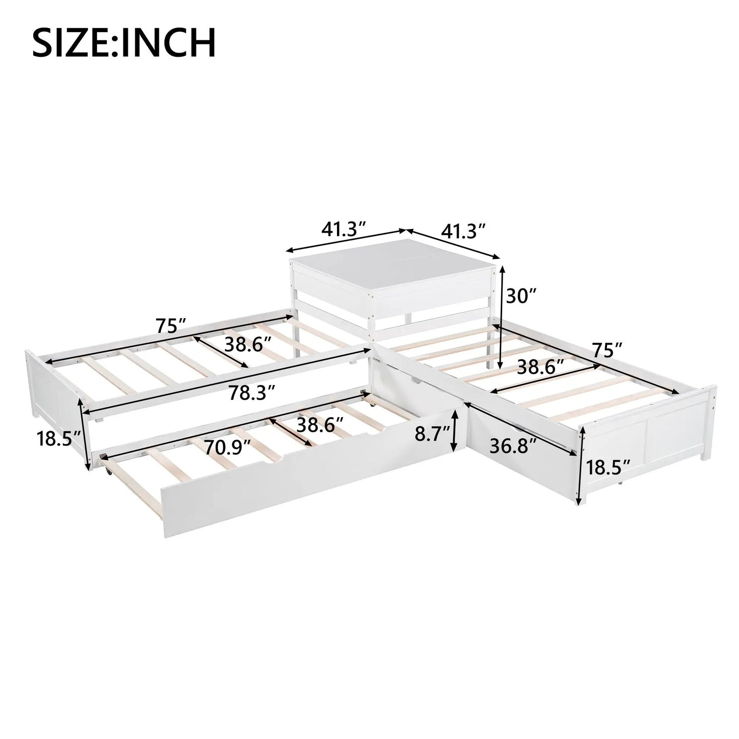 L-shaped platform bed with built-in desk and trundle drawers, white, Unique Piece Furniture on Tampa Home & Garden Store