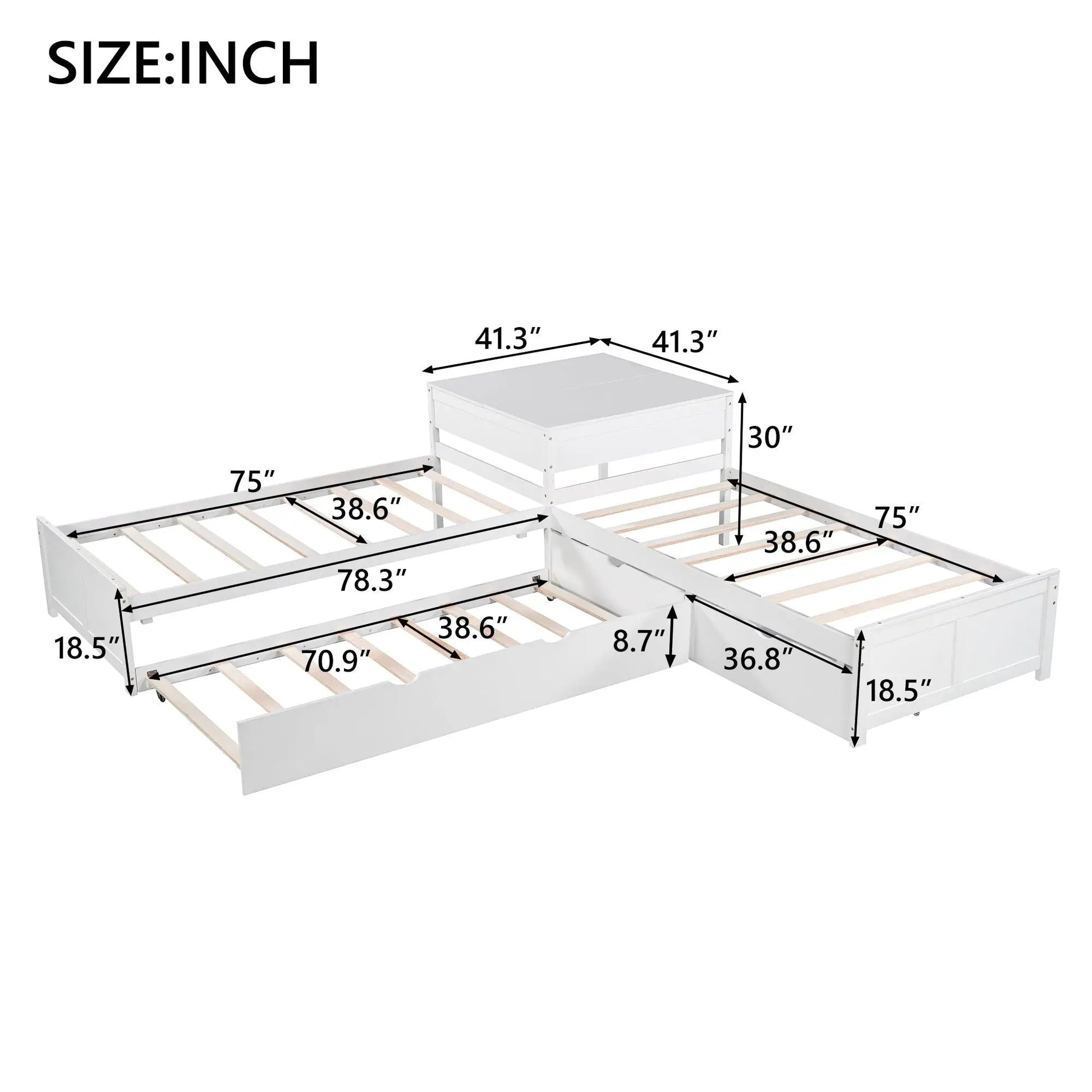 L-shaped platform bed with built-in desk and trundle drawers, white, Unique Piece Furniture on Tampa Home & Garden Store