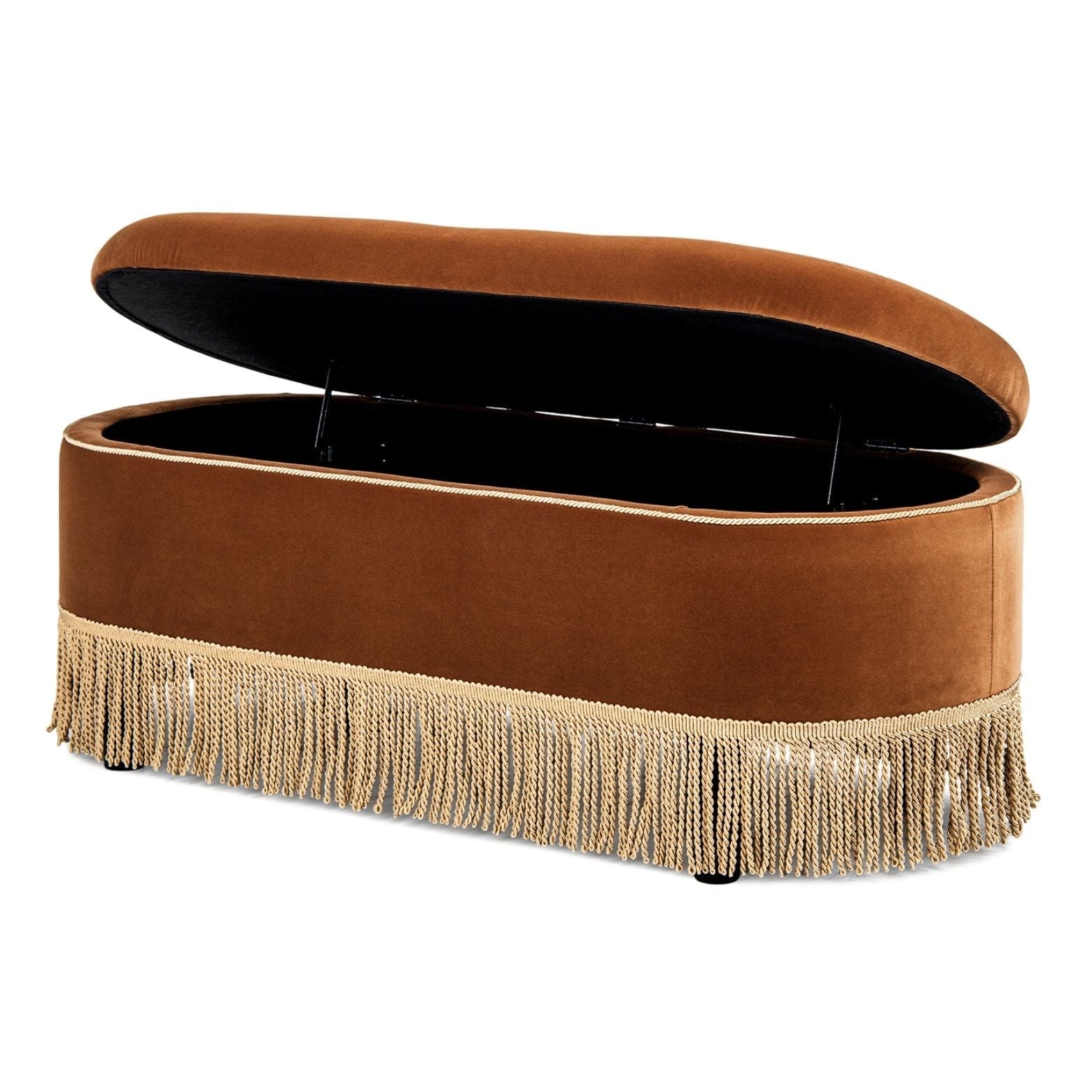 Melinda Oval Tufted Bullion Fringe Storage Bench brown velvet with gold fringe HouseOfZazla on Tampa Home & Garden Store