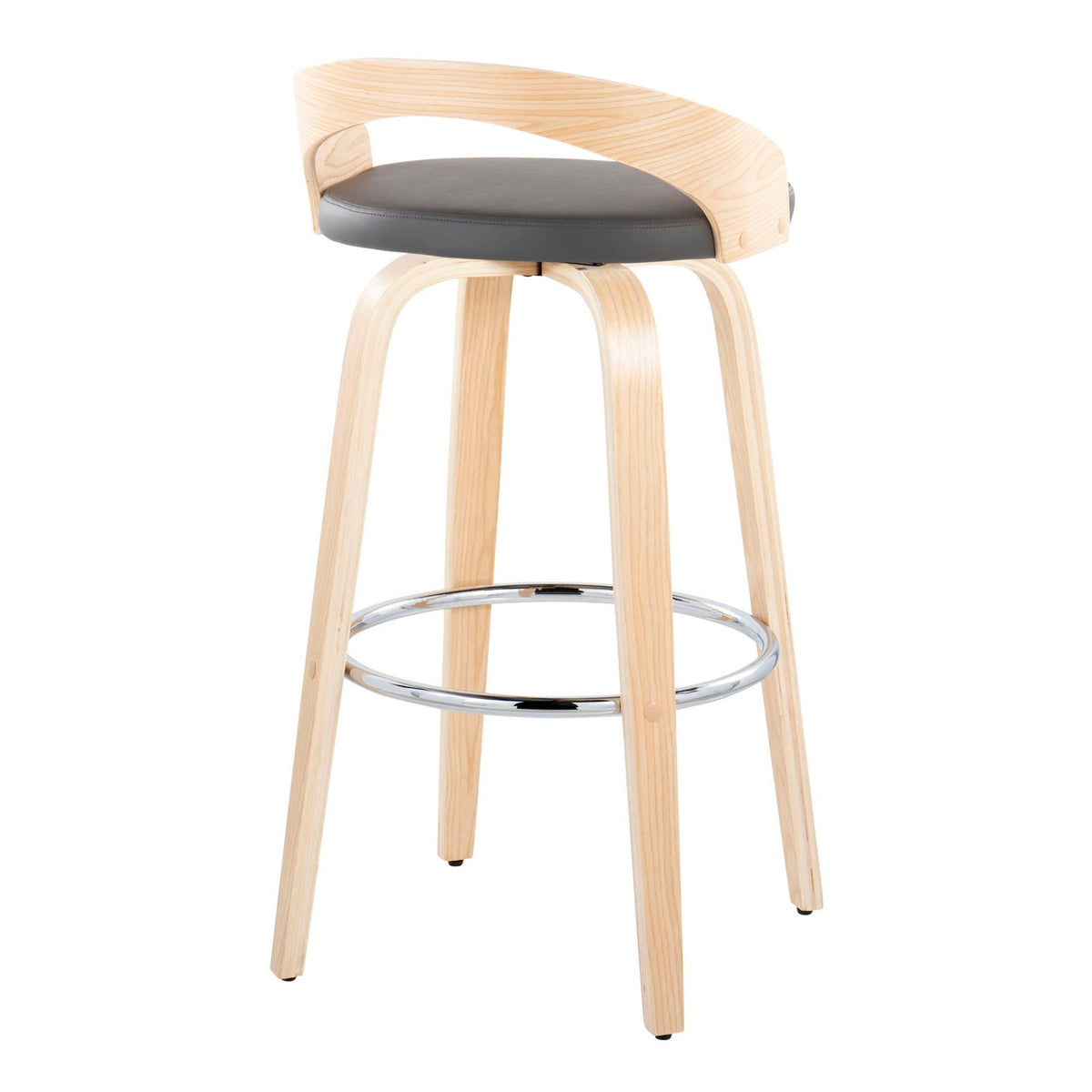 Contemporary barstool set with gray cushioned seat on wood frame and chrome footrest on Tampa Home & Garden Store