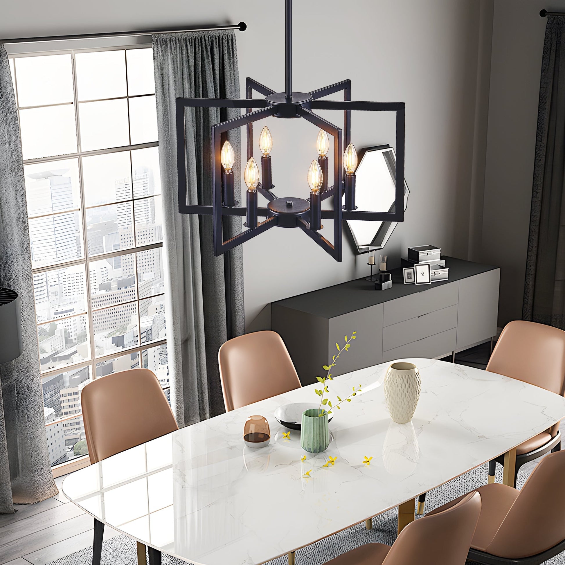 22' Modern Black Geometric 6-Light Chandelier with metal frame over marble dining table on Tampa Home & Garden Store