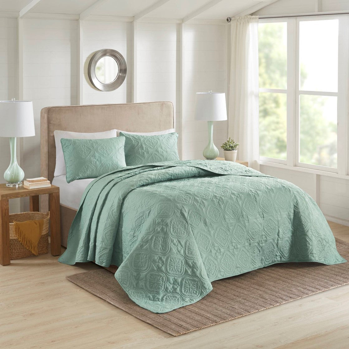 Three Piece Seafoam and Reversible Bedspread Set