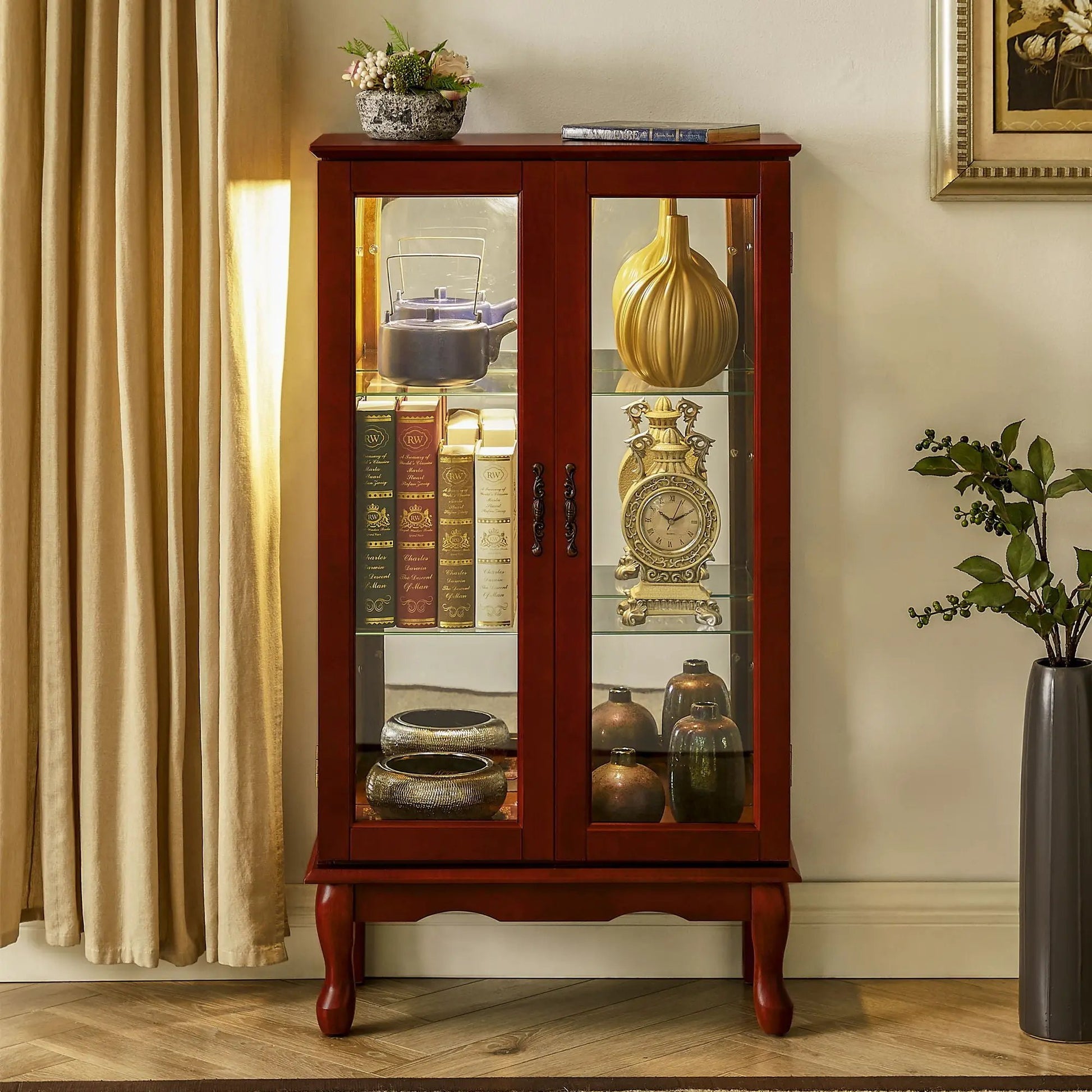 Unique Piece Furniture Curio Cabinet lighted with adjustable shelves and mirrored back on Tampa Home & Garden Store