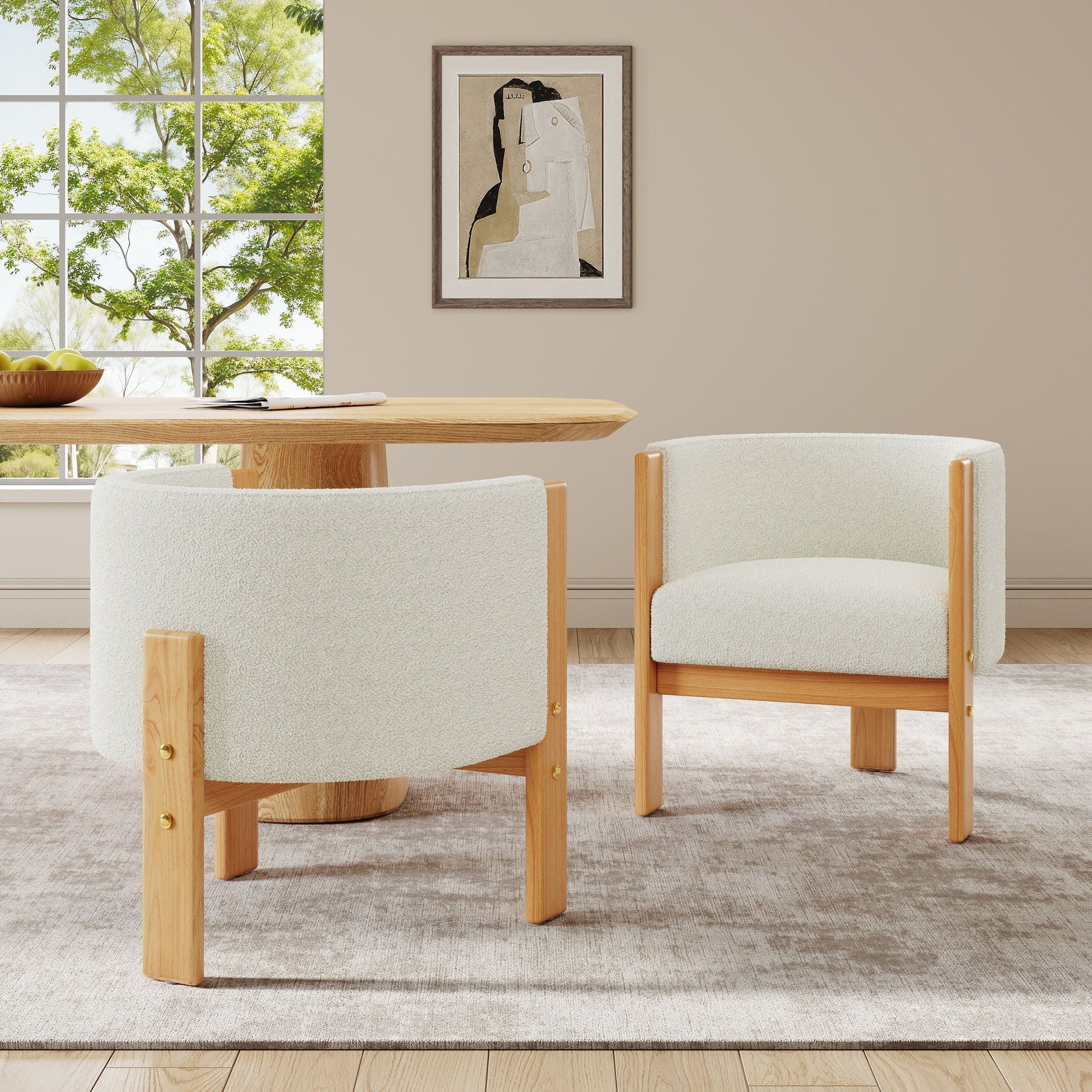 Modern dining chairs set by HouseOfZazla in white boucle upholstery with light oak legs on Tampa Home & Garden Store