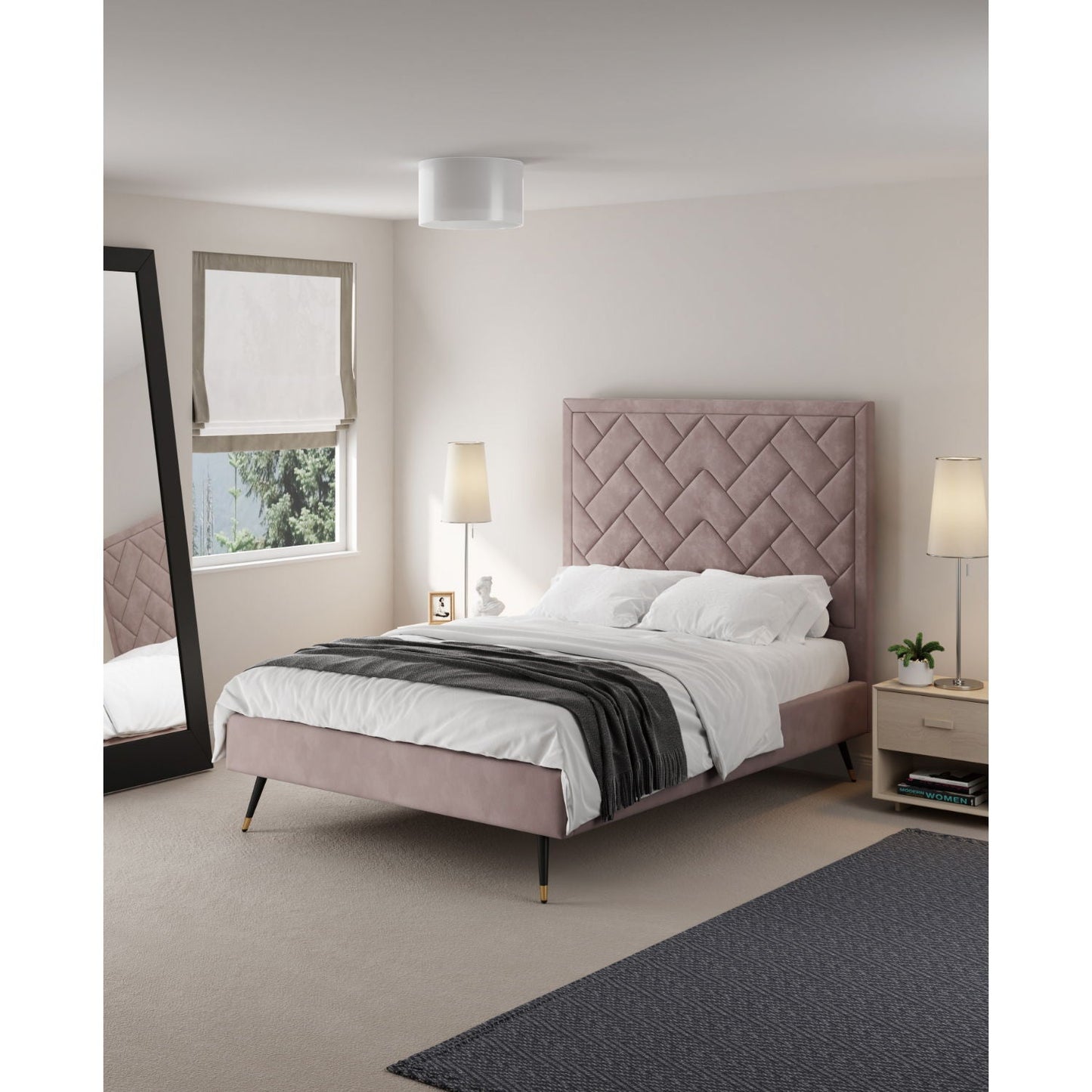 Crosby bed with upholstered pink headboard and slats, tufted diamond pattern on Tampa Home & Garden Store