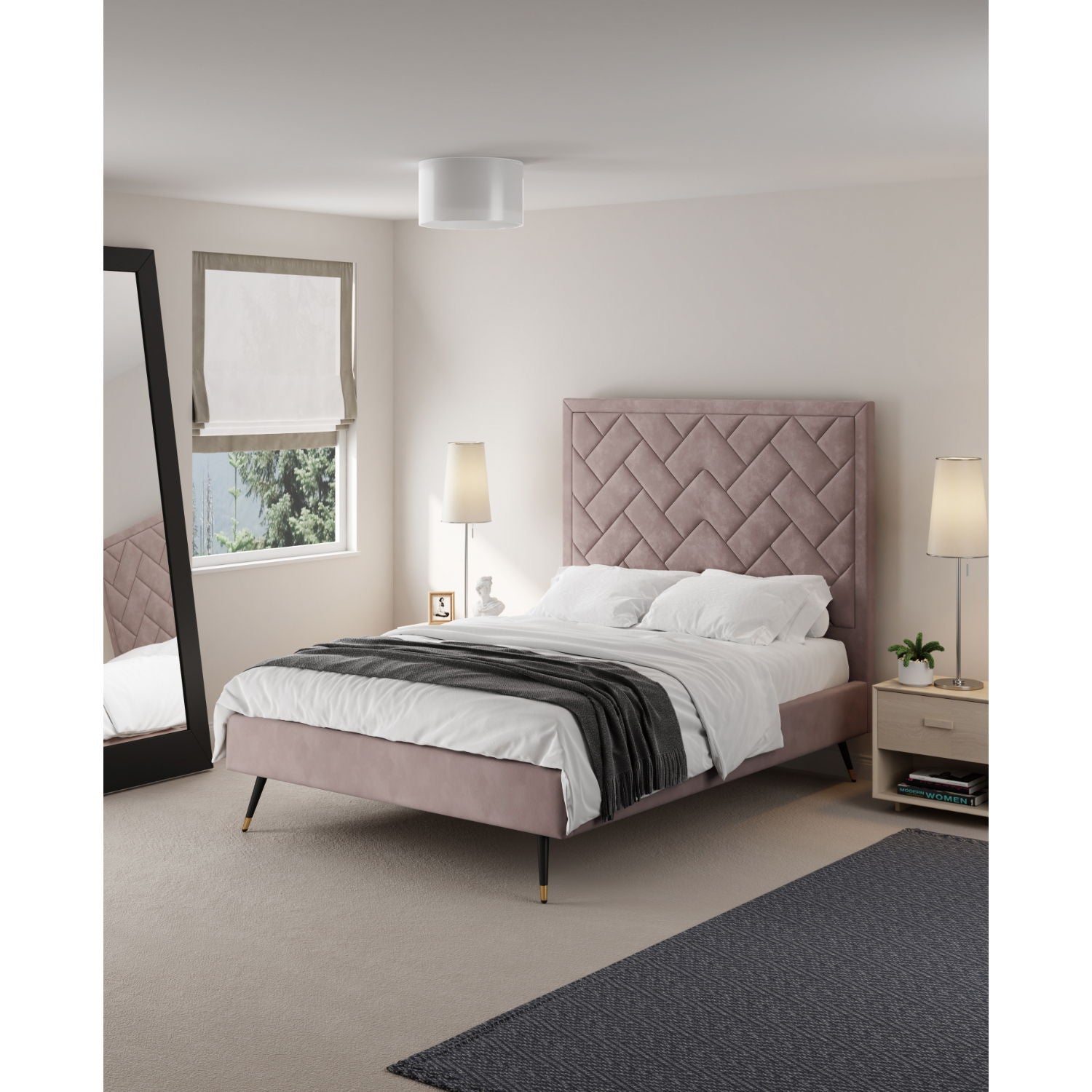 Crosby bed with upholstered pink headboard and slats, tufted diamond pattern on Tampa Home & Garden Store