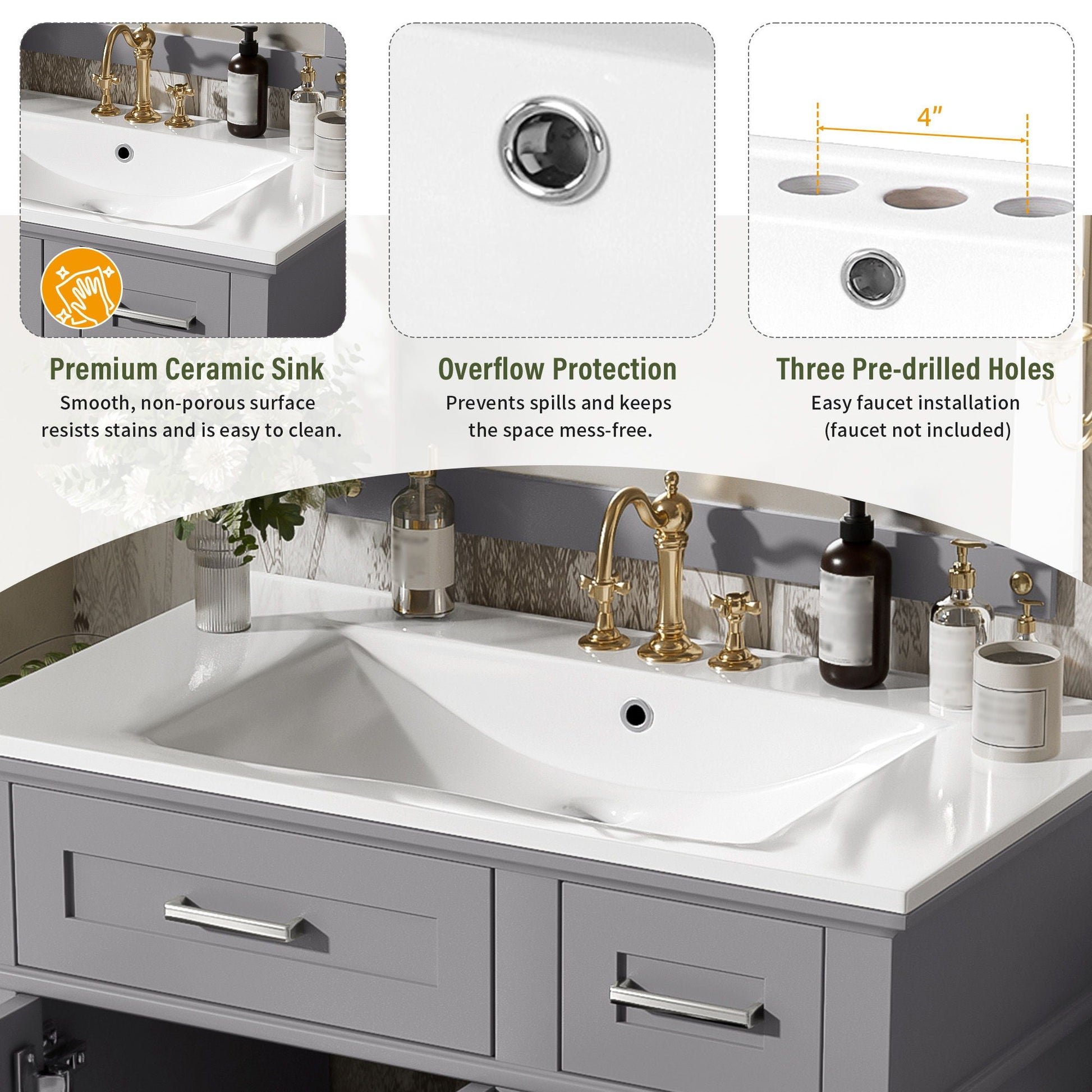 Modern bathroom vanity with sink, gray cabinet, white countertop, brass hardware HouseOfZazla on Tampa Home & Garden Store