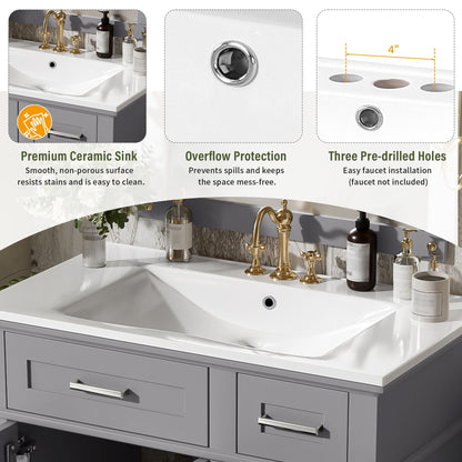 Modern bathroom vanity with sink, gray cabinet, white countertop, brass hardware HouseOfZazla on Tampa Home & Garden Store