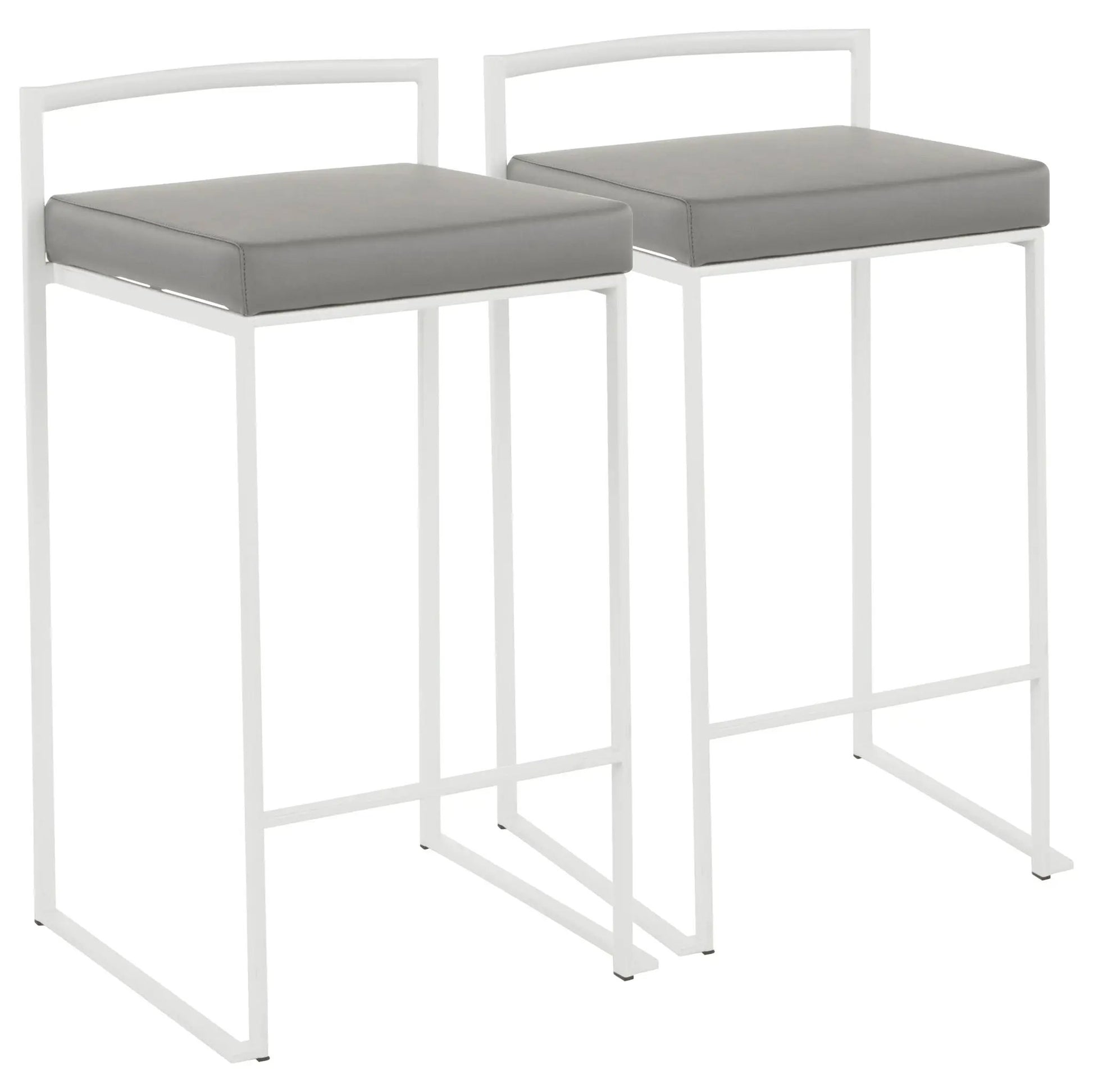 Fuji stackable counter stool pair, white metal frames with gray cushions on Tampa Home & Garden Store