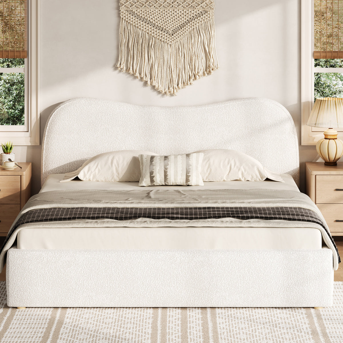 Queen Size Upholstered Platform Bed with Wooden Slats beige fabric by HouseOfZazla on Tampa Home & Garden Store