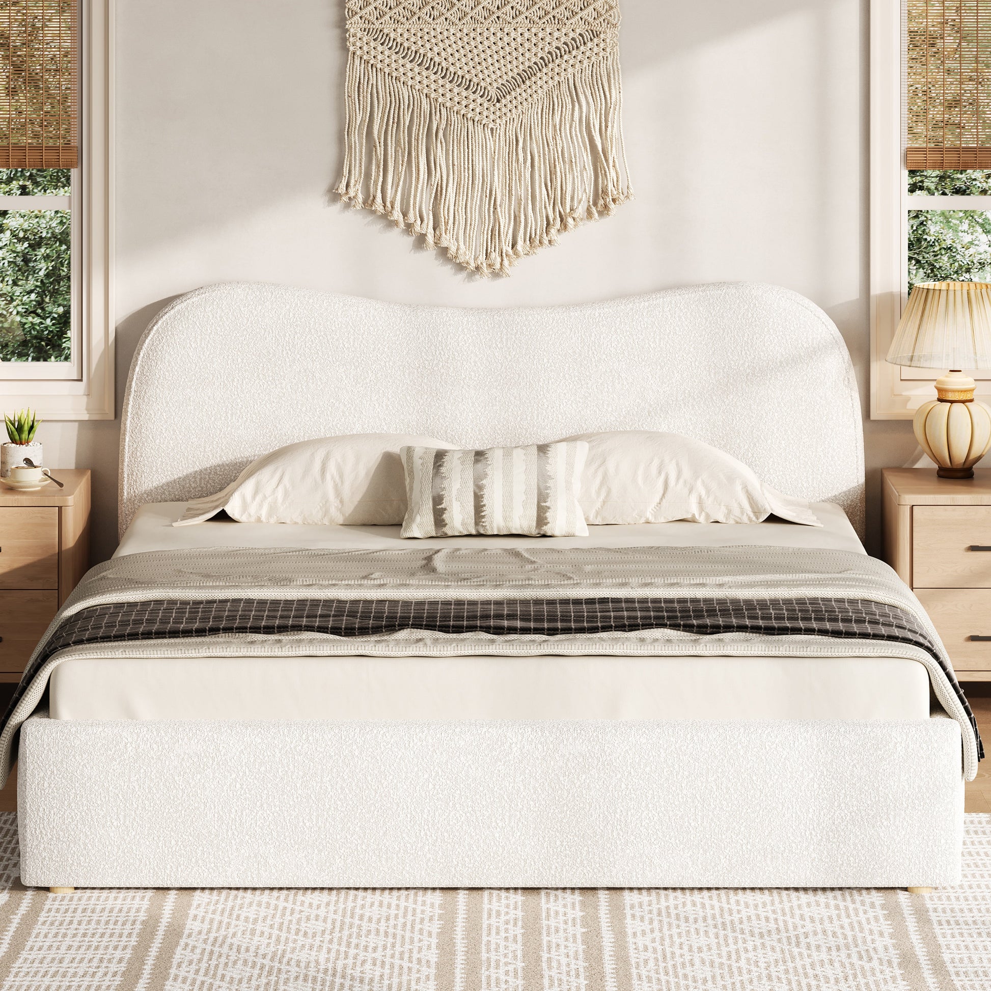 Queen Size Upholstered Platform Bed with Wooden Slats beige fabric by HouseOfZazla on Tampa Home & Garden Store