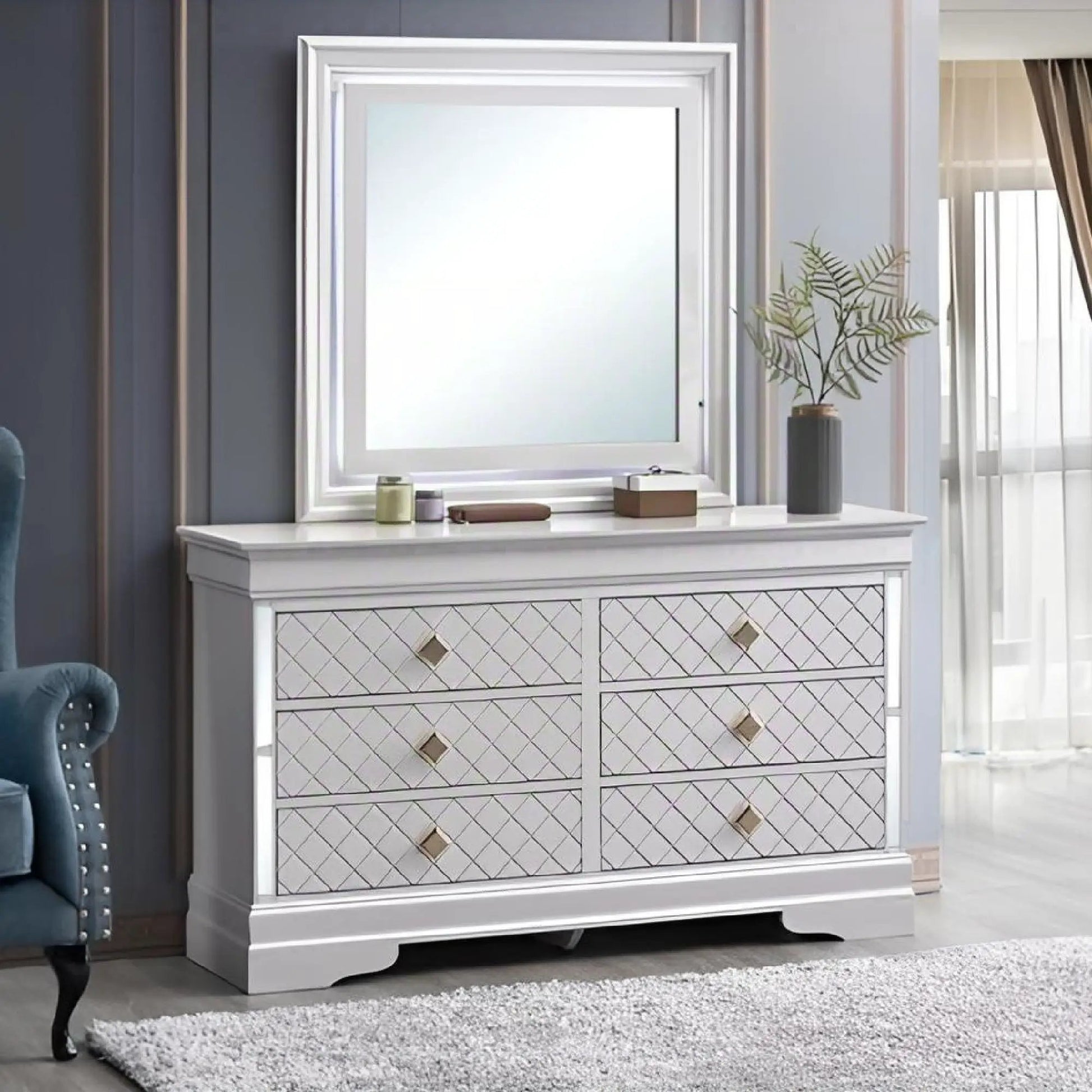 Verona Dresser white with mirrored diamond lattice drawer fronts by Unique Piece Furniture on Tampa Home & Garden Store
