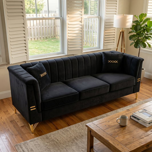 Mosharong-55 Velvet 3-Seater Sofa in deep navy with gold legs by HouseOfZazla on Tampa Home & Garden Store