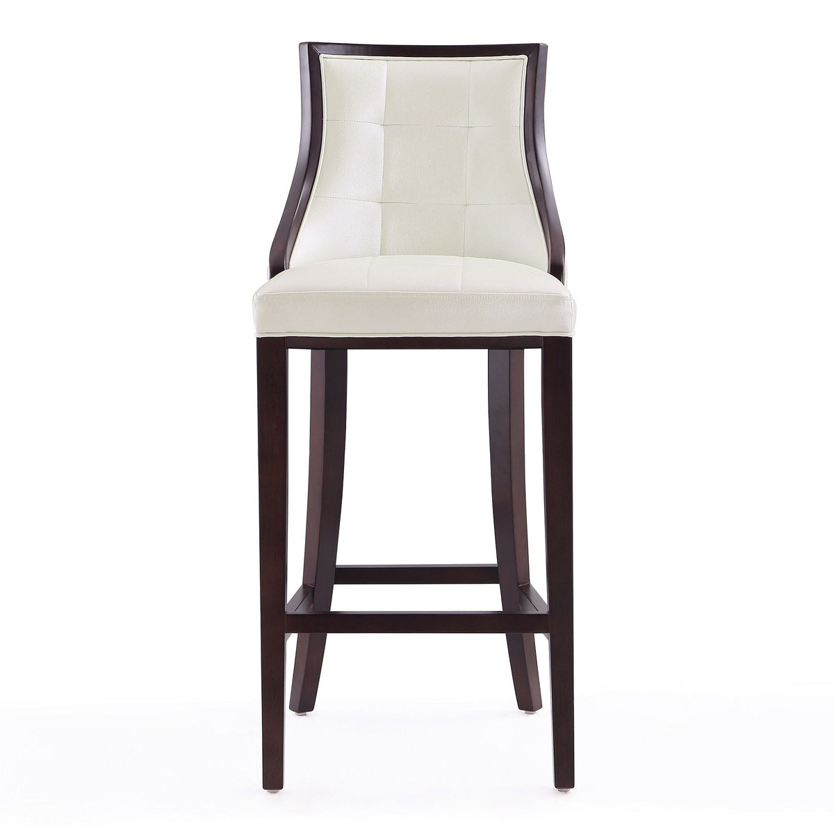 White bar-height stool with tufted backrest and seat, solid dark wood frame by HouseOfZazla on Tampa Home & Garden Store