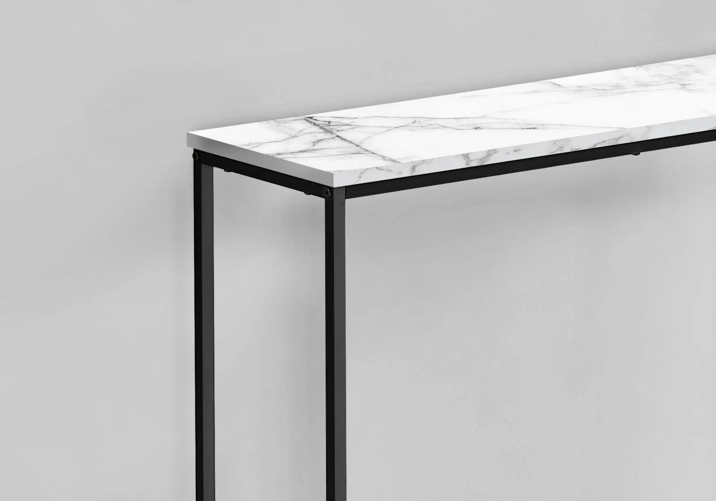 Accent console table with white marble top and black metal frame, contemporary entryway piece on Tampa Home & Garden Store