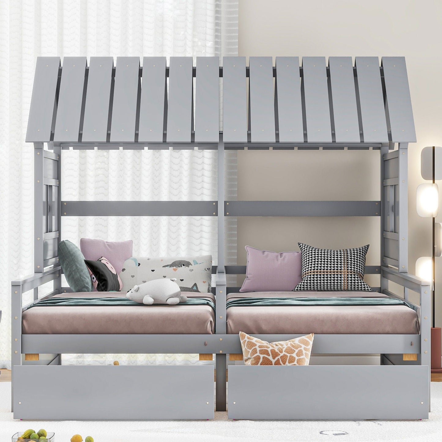 HouseOfZazla storage platform beds, two side-by-side twin frames with 2 drawers, gray finish on Tampa Home & Garden Store
