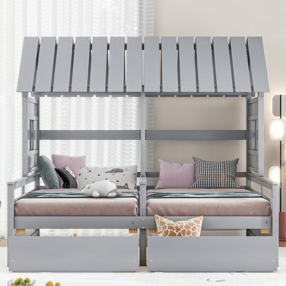 HouseOfZazla storage platform beds, two side-by-side twin frames with 2 drawers, gray finish on Tampa Home & Garden Store