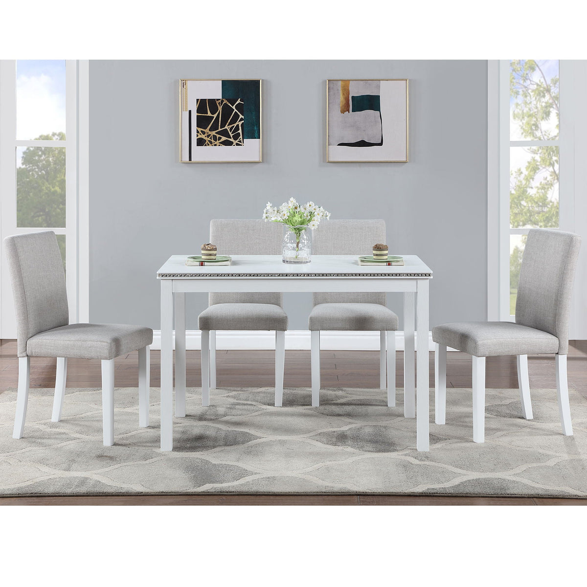5 Piece White Dining Table Set with crystal trim and gray upholstered chairs on Tampa Home & Garden Store