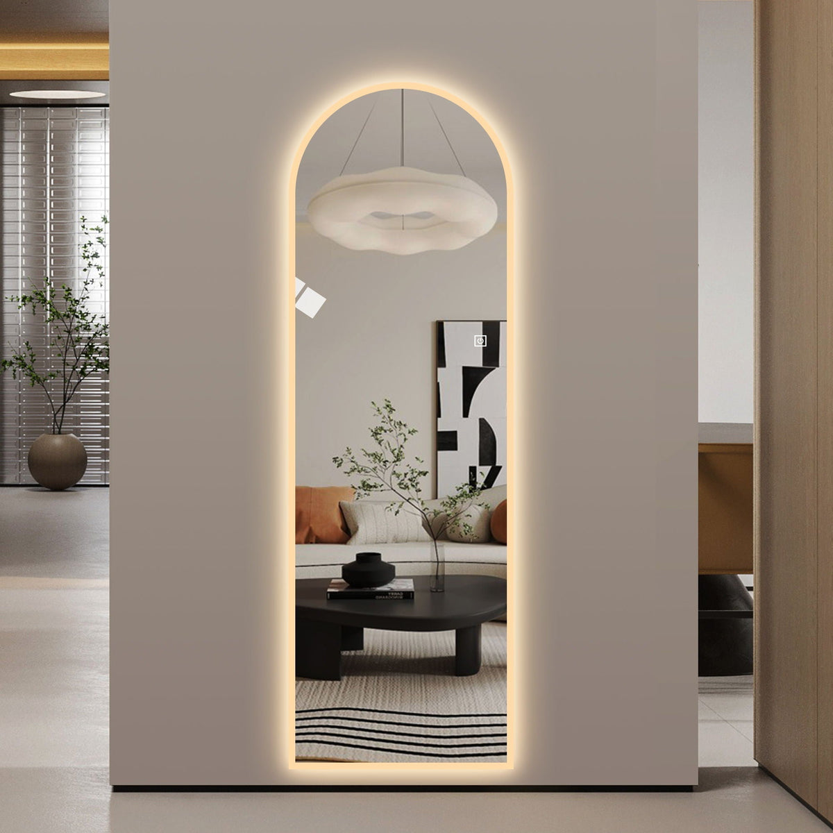 LED full-length arch wall mirror by HouseOfZazla with dimmable backlit silver frame on Tampa Home & Garden Store