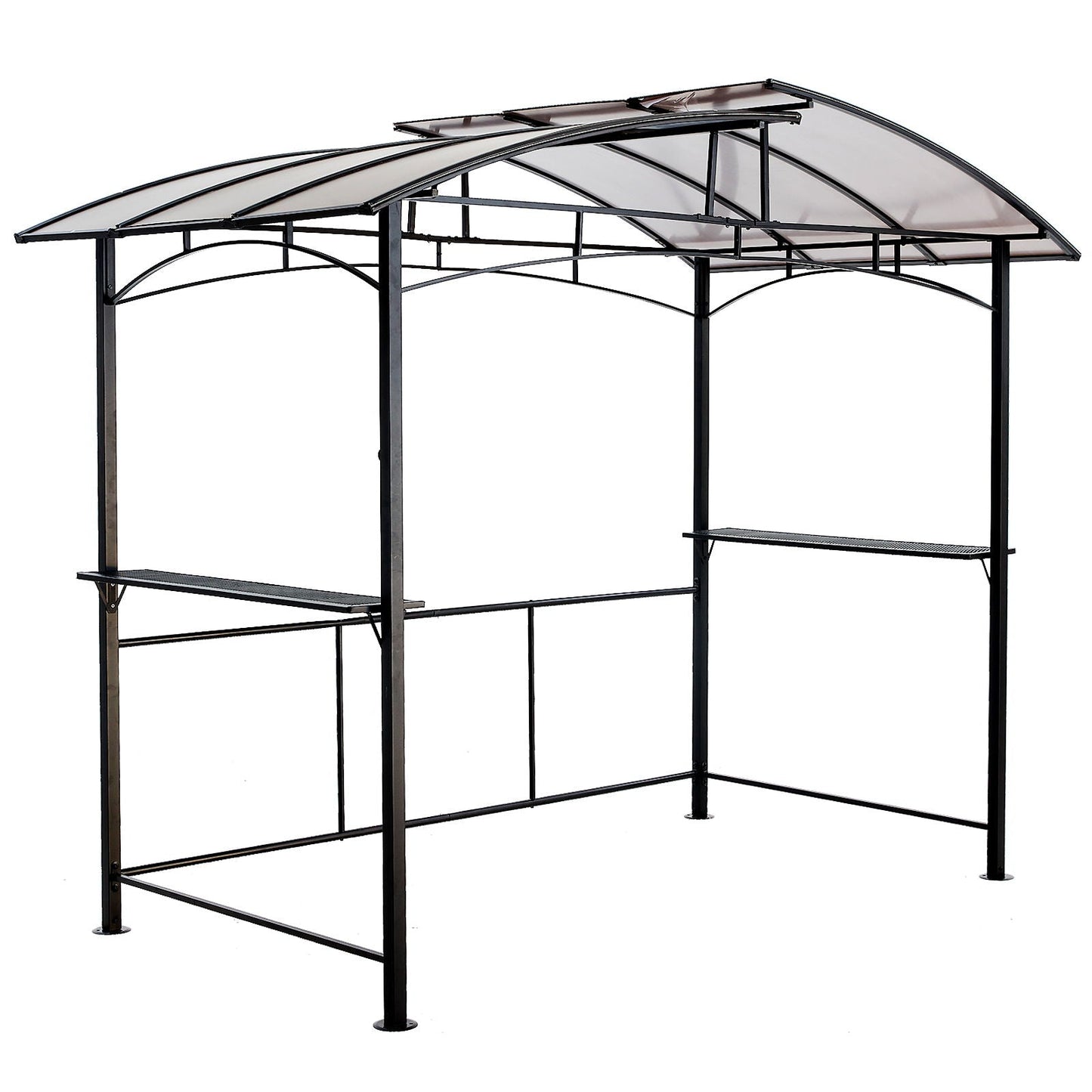 Grill gazebo 8x5 ft black steel frame with curved translucent roof and built-in side shelves on Tampa Home & Garden Store