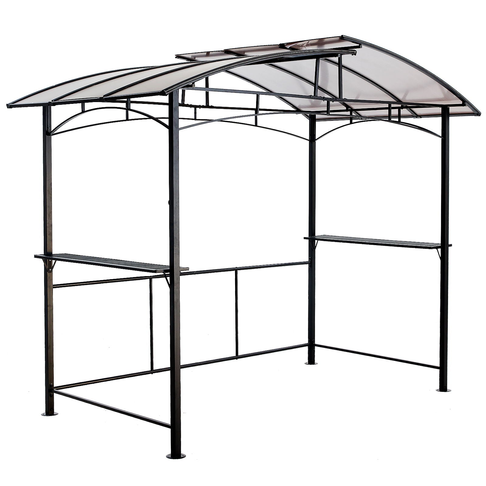 Grill gazebo 8x5 ft black steel frame with curved translucent roof and built-in side shelves on Tampa Home & Garden Store
