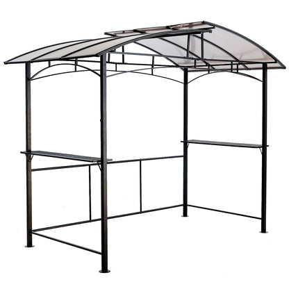 Grill gazebo 8x5 ft black steel frame with curved translucent roof and built-in side shelves on Tampa Home & Garden Store