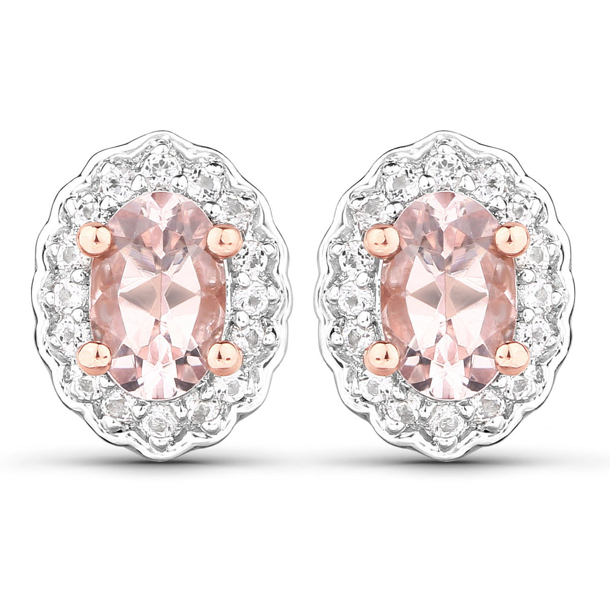 Oval Morganite and white topaz halo stud earrings in 925 silver with rose gold prongs on Tampa Home & Garden Store
