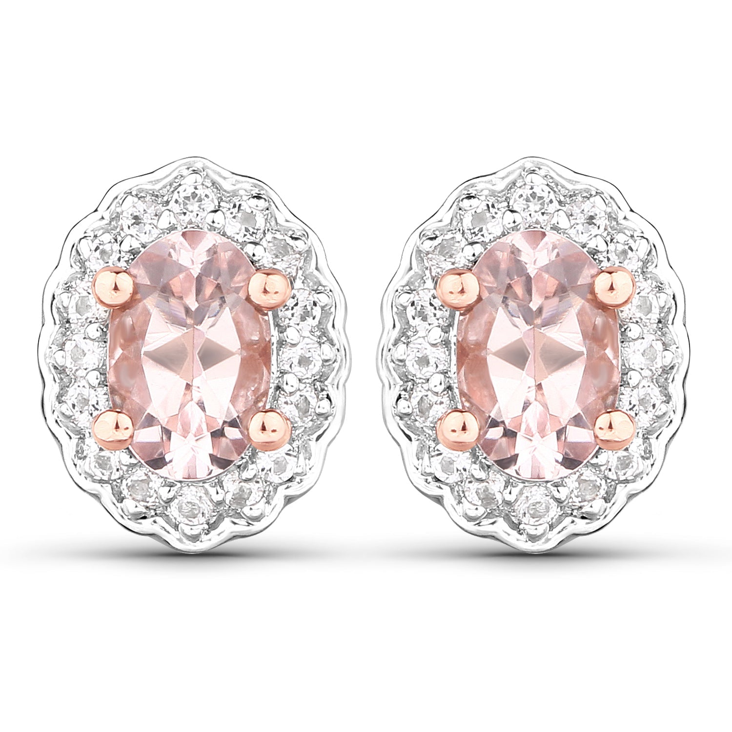Oval Morganite and white topaz halo stud earrings in 925 silver with rose gold prongs on Tampa Home & Garden Store