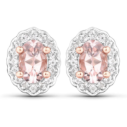 Oval Morganite and white topaz halo stud earrings in 925 silver with rose gold prongs on Tampa Home & Garden Store