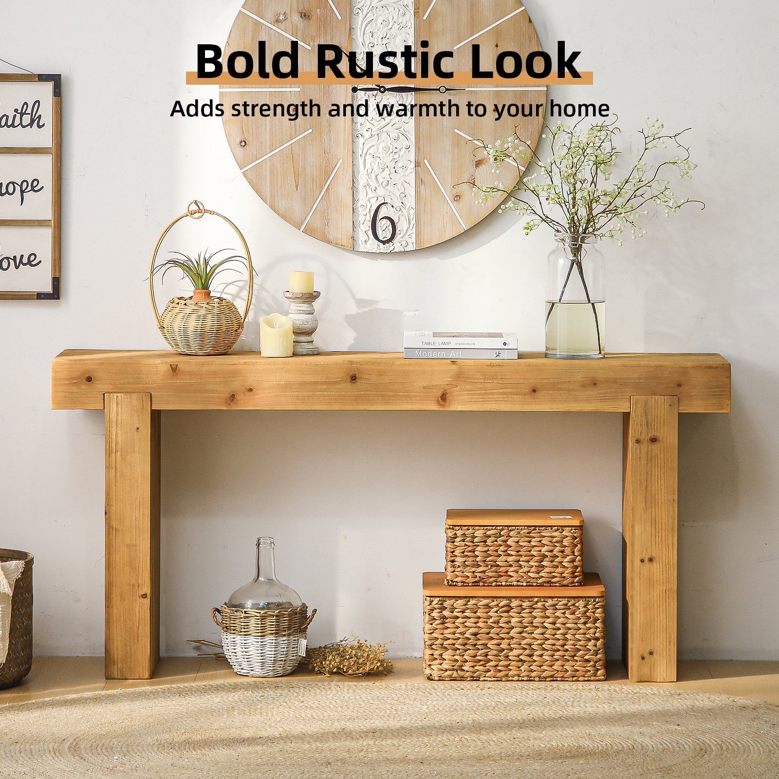 63-inch solid wood console table in natural rustic finish for farmhouse decor on Tampa Home & Garden Store