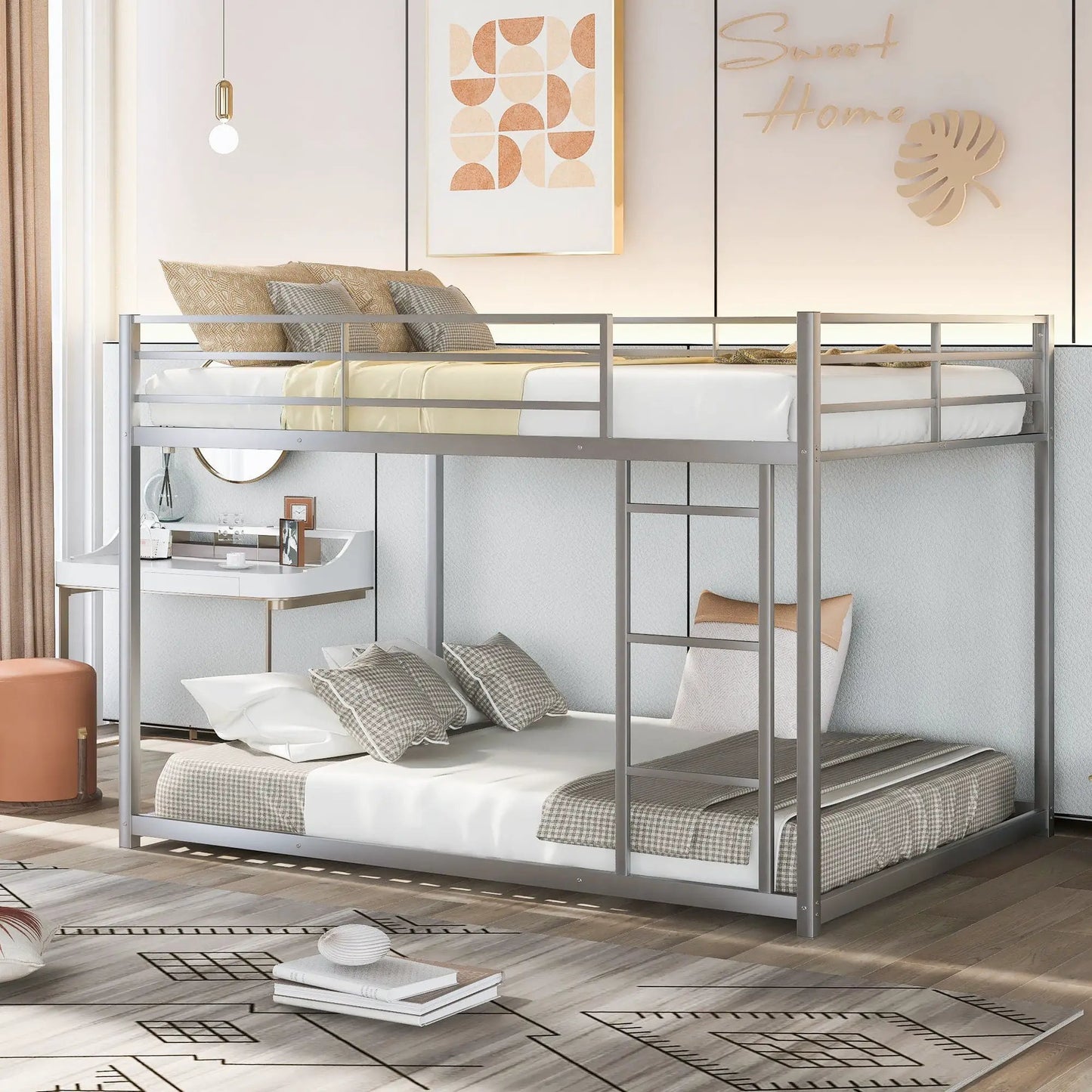 Metal Bunk Bed, Low Bunk Bed With Ladder, gray steel frame with dual beds on Tampa Home & Garden Store