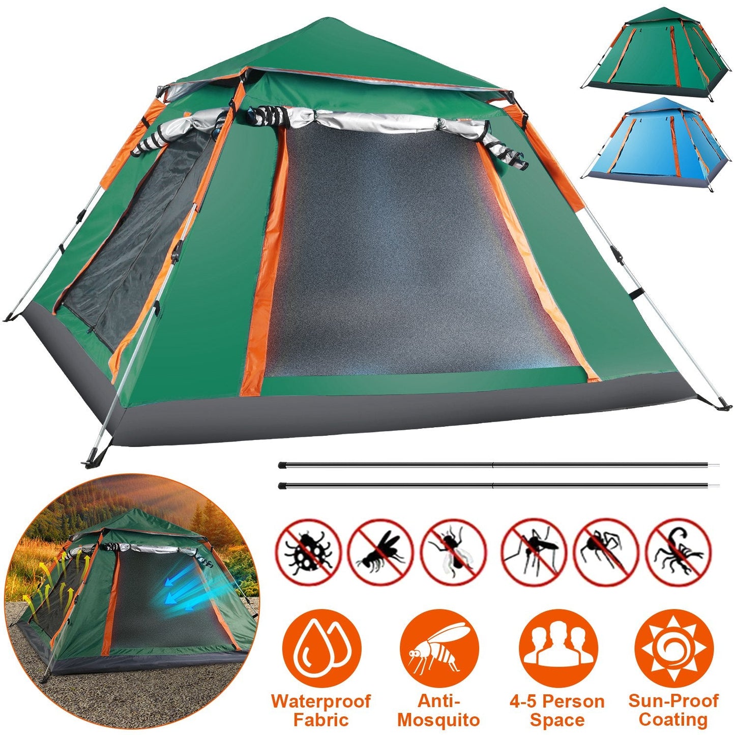 GemGear 4-5 Person Camping Tent with waterproof fabric and 2 mosquito nets, green/orange on Tampa Home & Garden Store