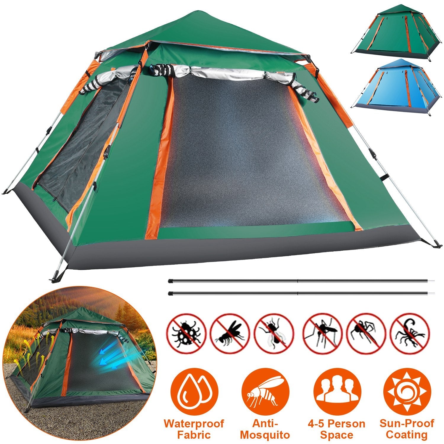 GemGear 4-5 Person Camping Tent with waterproof fabric and 2 mosquito nets, green/orange on Tampa Home & Garden Store