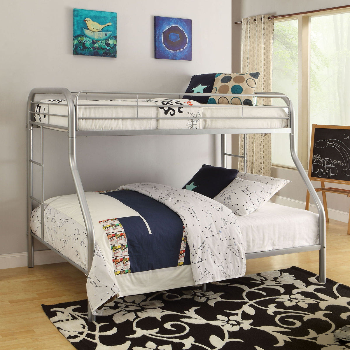 Tritan Twin/Full Bunk Bed in silver metal with guard rails and ladder on Tampa Home & Garden Store