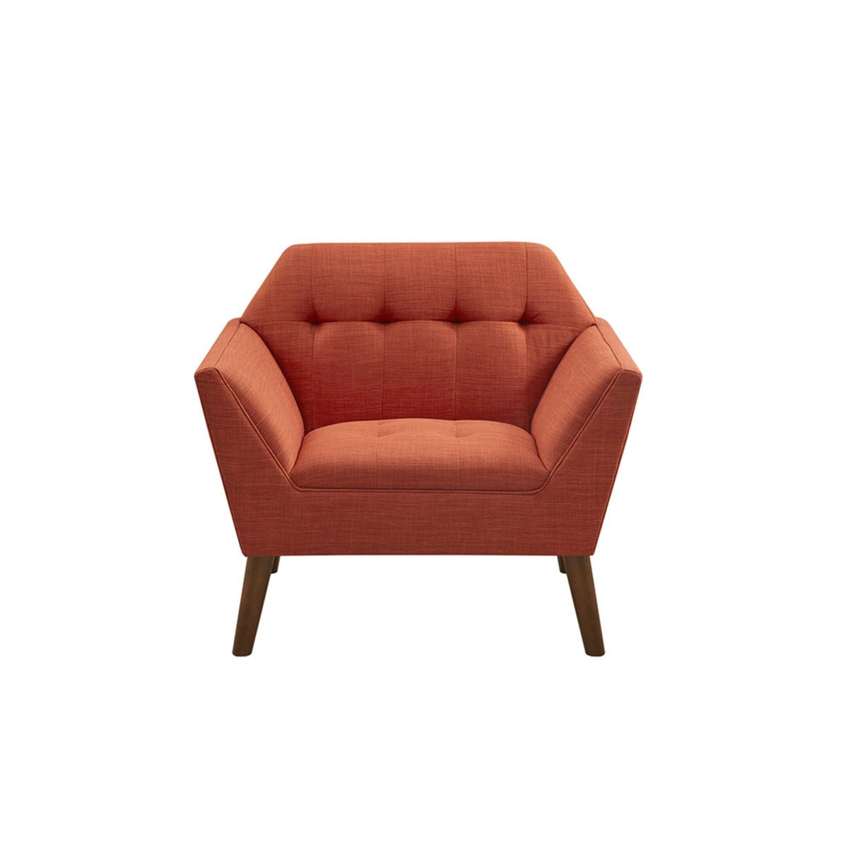 Modern lounge chair with button tufting, orange upholstery, pecan wood legs HouseOfZazla on Tampa Home & Garden Store