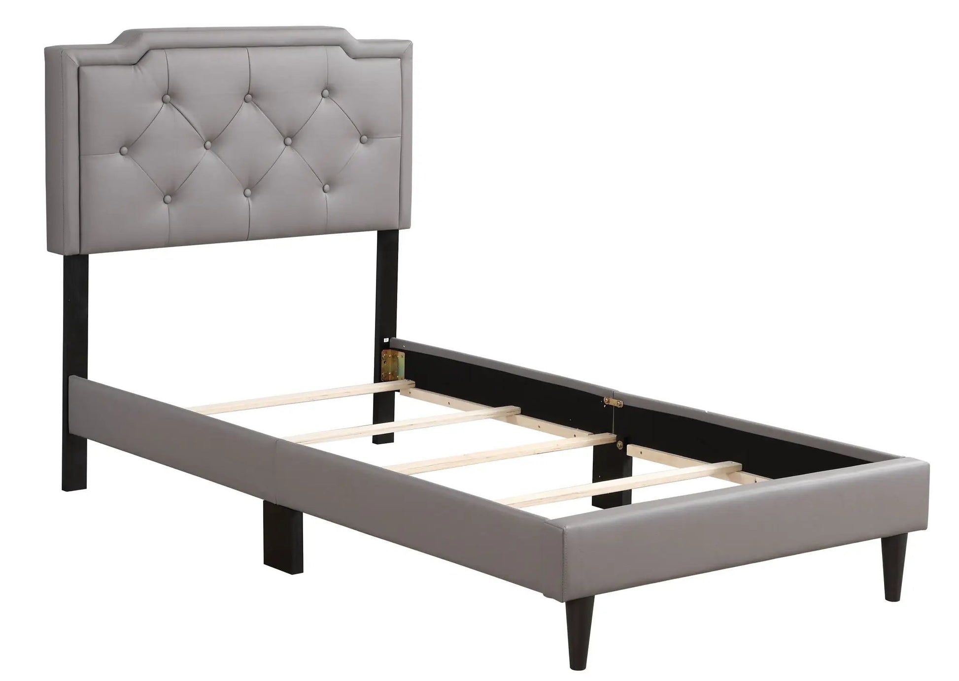 Button tufted upholstered bed in gray fabric by Unique Piece Furniture with dark wood legs on Tampa Home & Garden Store