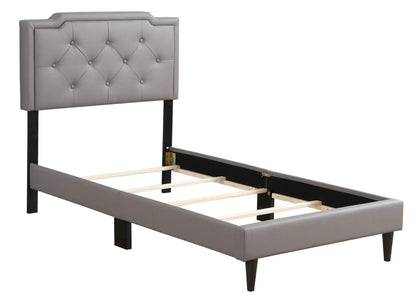Button tufted upholstered bed in gray fabric by Unique Piece Furniture with dark wood legs on Tampa Home & Garden Store