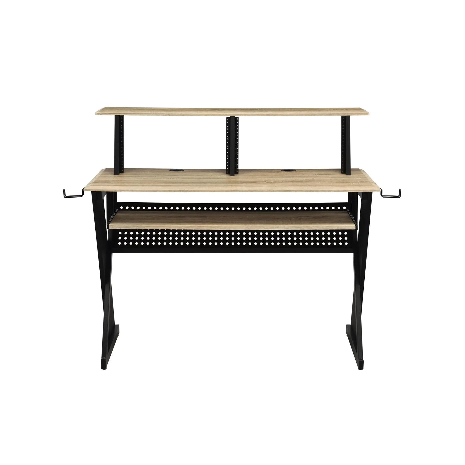 Eleazar music recording studio desk natural oak with black steel frame and two-tier shelves on Tampa Home & Garden Store