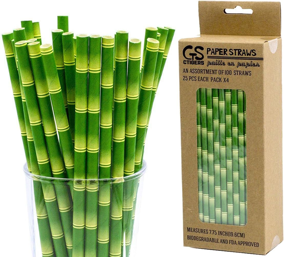 Bamboo Print Biodegradable Drinking Paper Straws for Party Box of 100