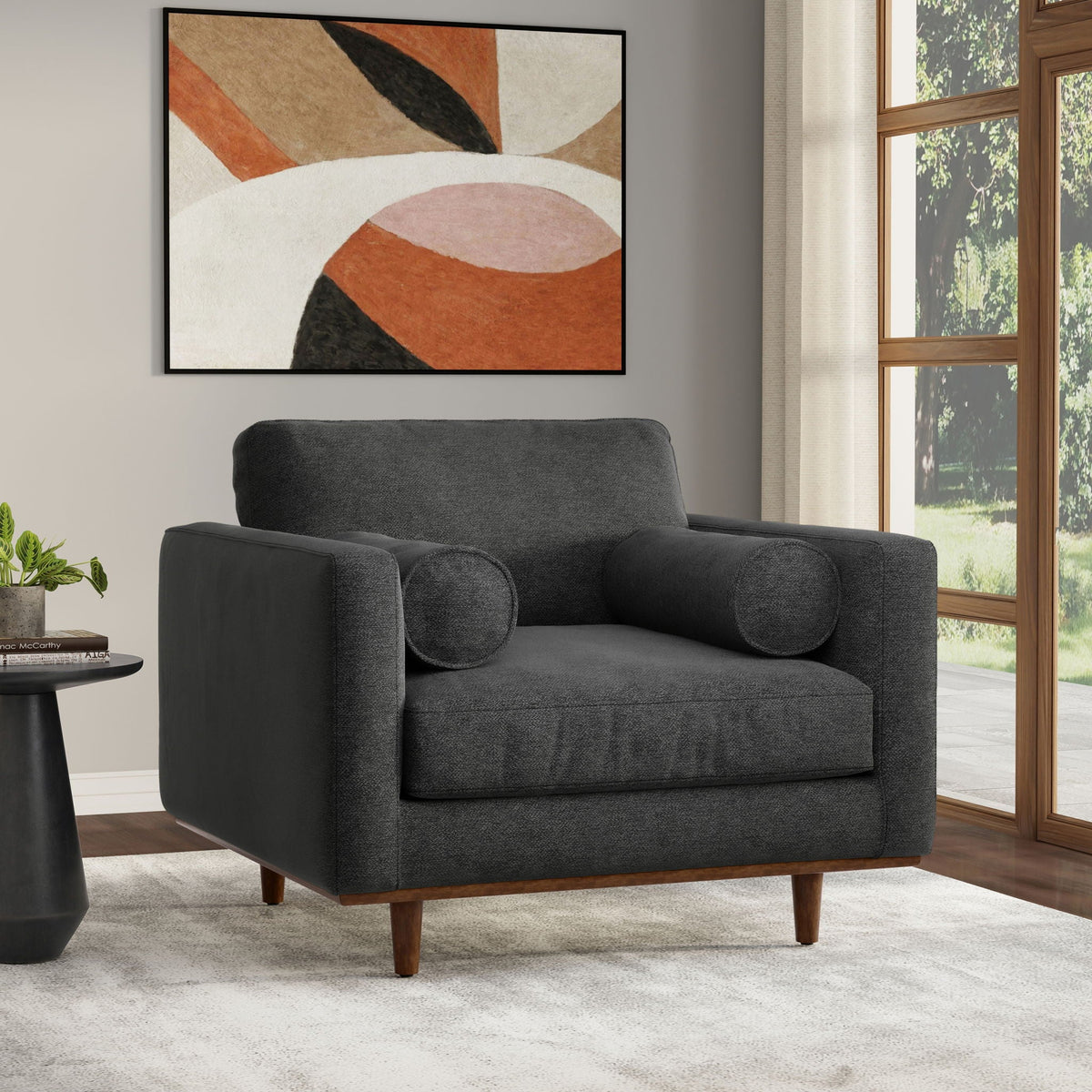 Wide Arm Chair by HouseOfZazla in charcoal gray fabric, with removable cushions and wooden legs on Tampa Home & Garden Store
