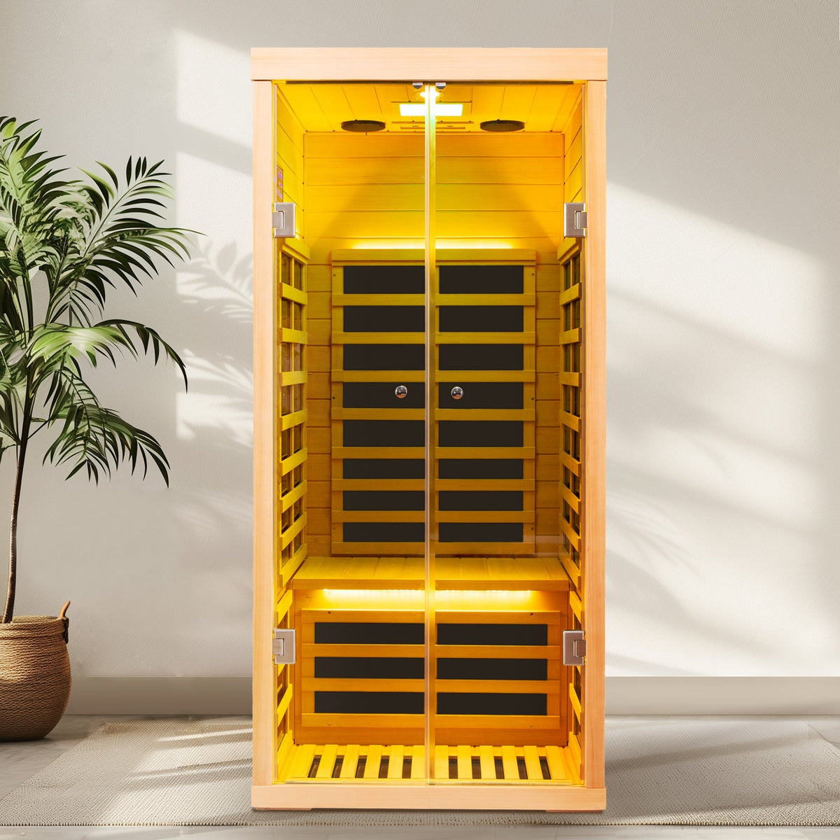 HouseOfZazla low EMF infrared double sauna in natural wood with LED lighting and Bluetooth on Tampa Home & Garden Store